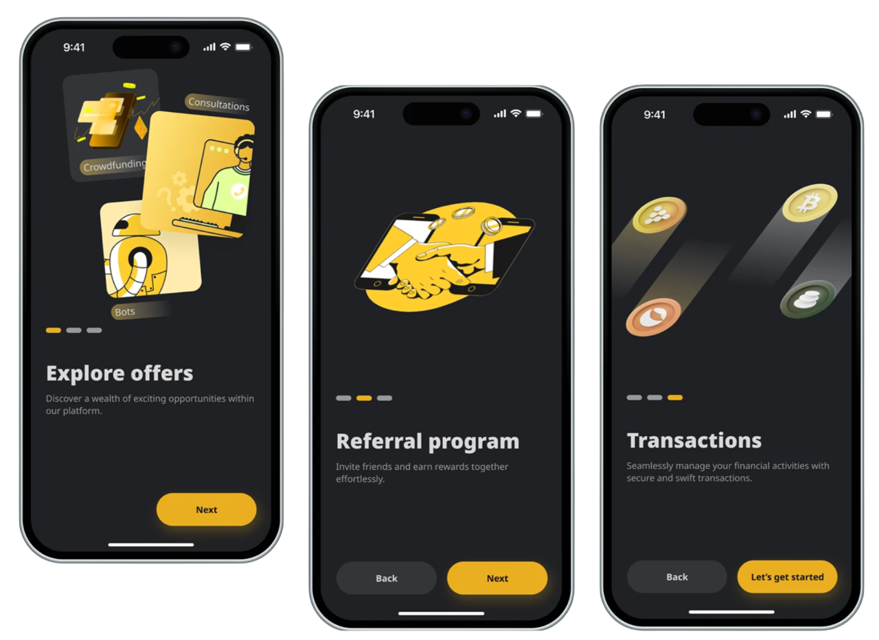 CryptoCrowd product screens